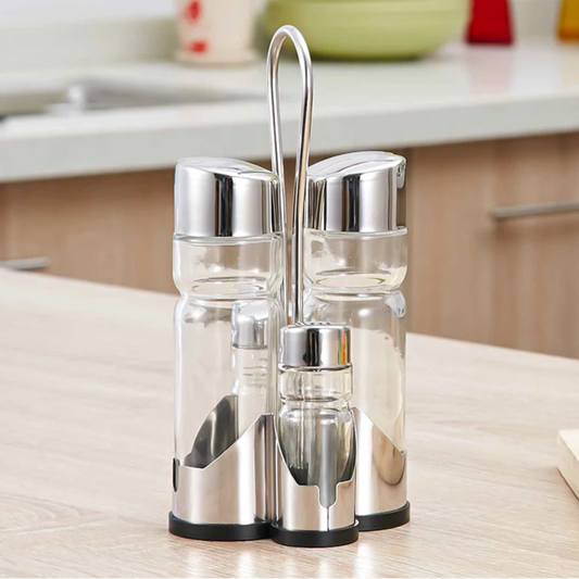 4-in-1 Gewürzflaschen Set mit Halter – Öl- & Essigspender, Salz- & Pfefferstreuer | Glas Cruet Set mit Ständer Kaufschwan®