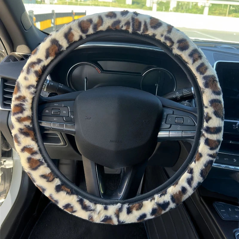 Plüsch-Lenkradbezug mit Leopardenmuster – Weicher Winterbezug für 38cm Autolenkräder Kaufschwan® Beige