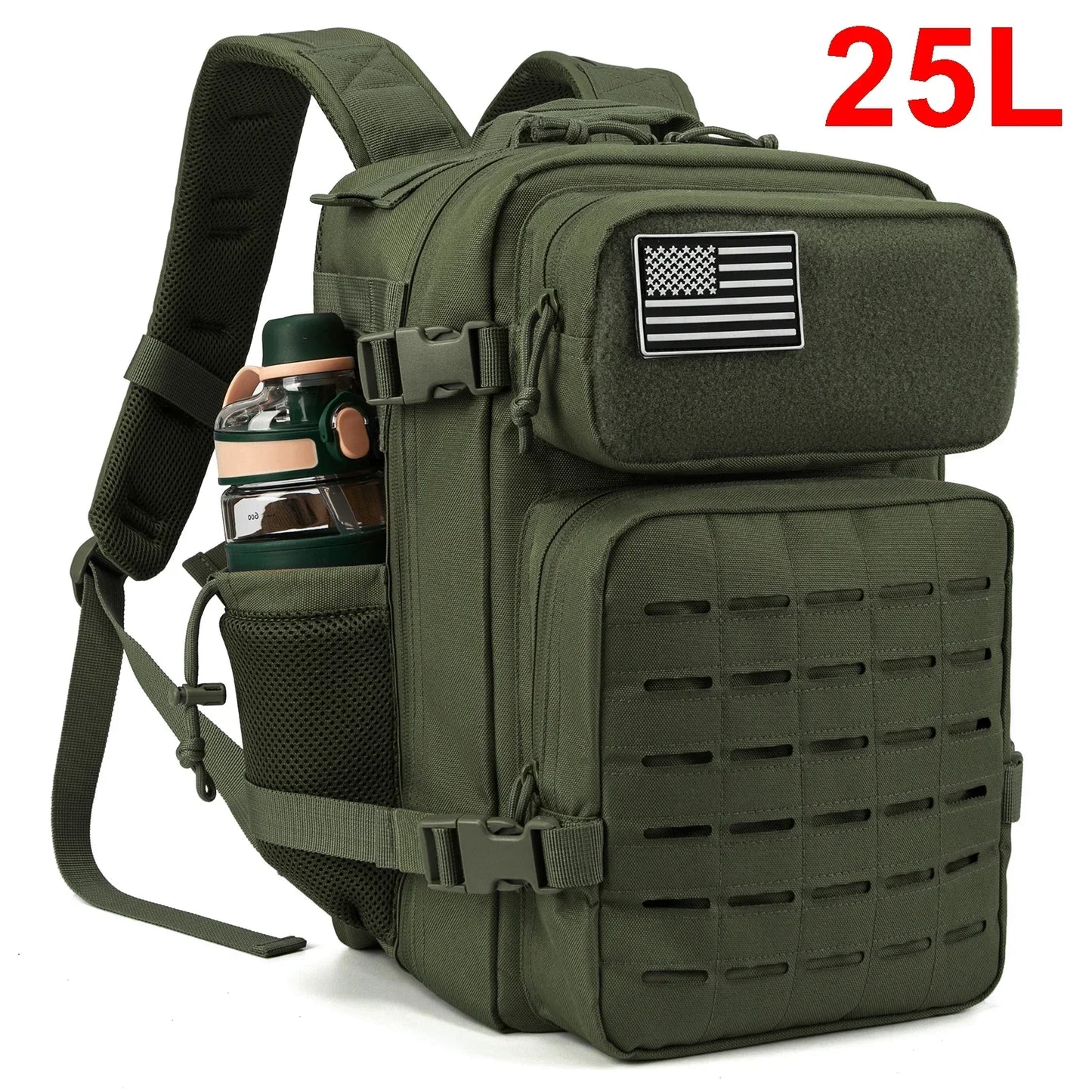 25L Rucksack | Outdoor Survival, Wandern & Fitness | Rucksack für Damen & Herren mit Doppel-Flaschenhalter Kaufschwan® Grün