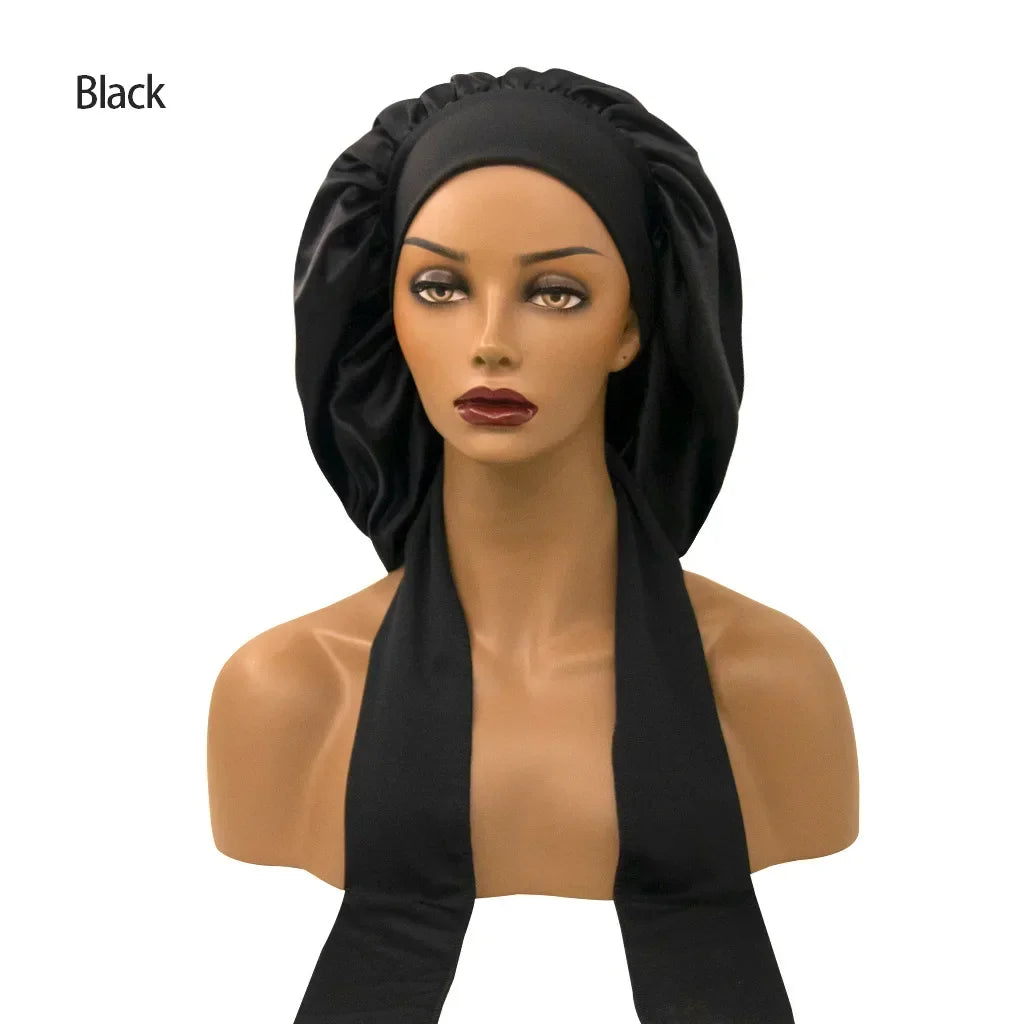 Breite Satin-Schlafhaube für Damen – Elastische Nachthaube mit Langem Bindeband für die Haarpflege
