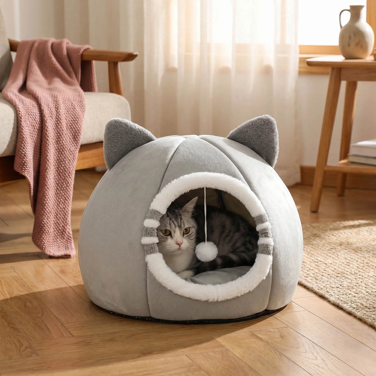 Kuscheliges Katzenbett für Katze – Weiche Schlafhöhle mit Matte, Nest & Katzenhaus Kaufschwan®