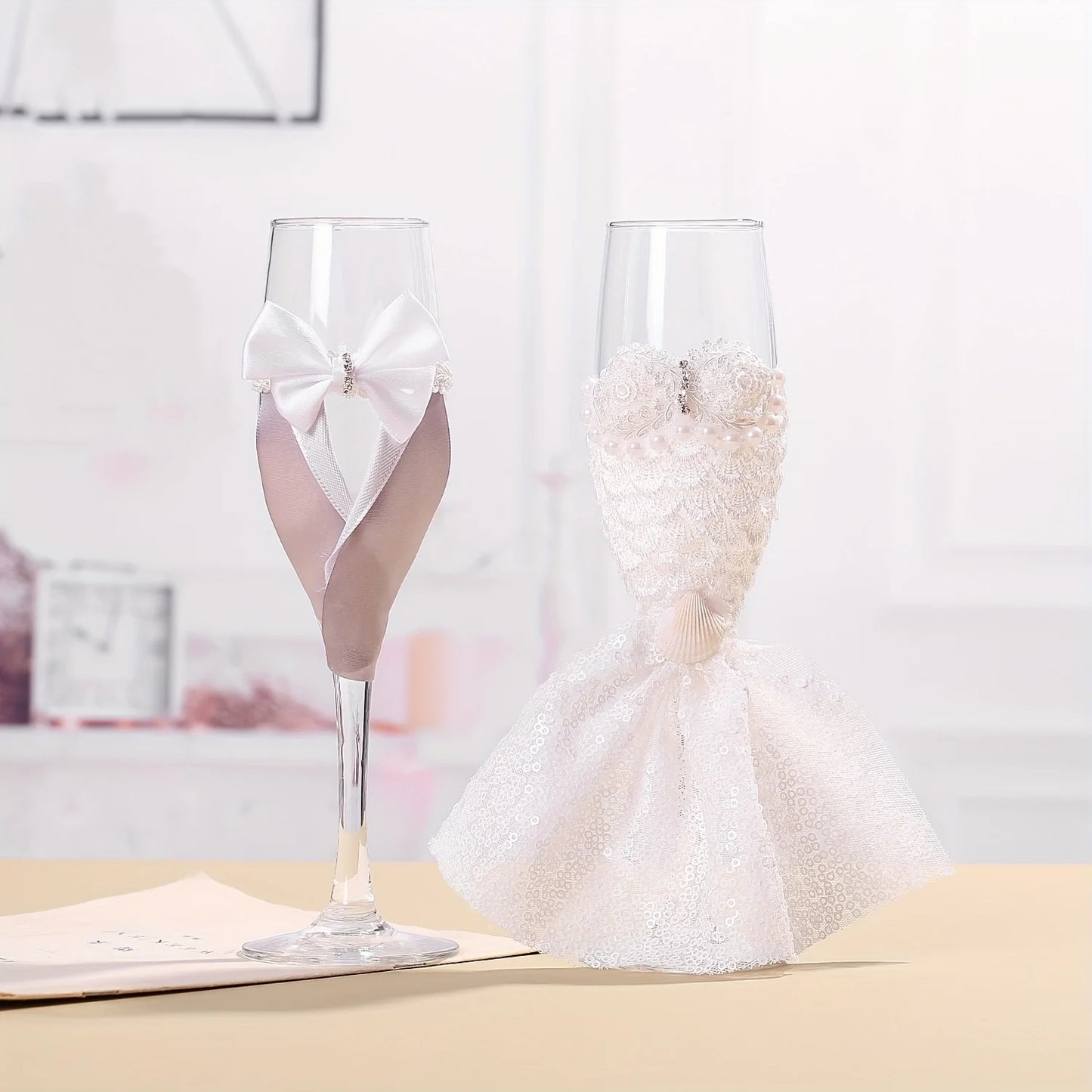 Hochzeits Champagnergläser Set – Braut und Bräutigam Glas im Kleid Design Kaufschwan®