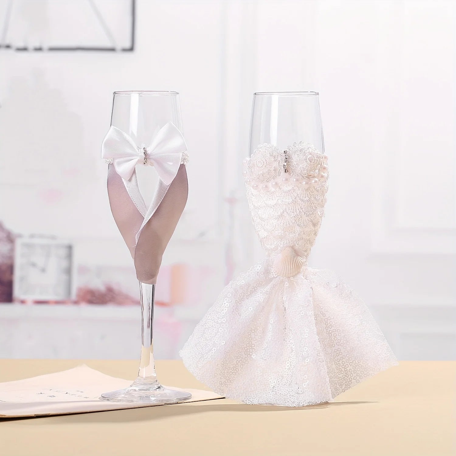 Hochzeits Champagnergläser Set – Braut und Bräutigam Glas im Kleid Design Kaufschwan®