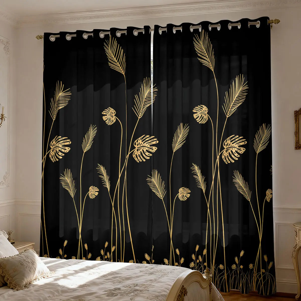 Schilf Pflanzen Print Wollvorhang Lichtblockierend Isoliert für Wohnzimmer Schlafzimmer 2 Stück/Set Kaufschwan® Schwarz - Gold 264x242 cm Ösenverschluss