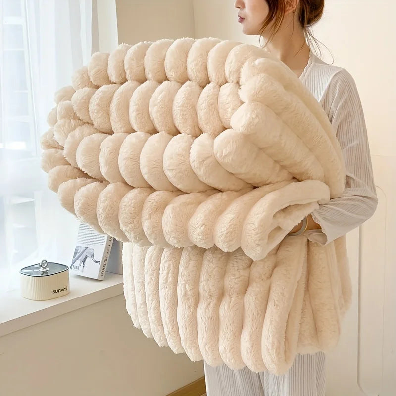 Schlichte einfarbige dicke Flanell-Decke mit breitem Streifen – Multifunktionale warme Herbst- und Winterdecke für Schlafzimmer & Freizeit Kaufschwan®