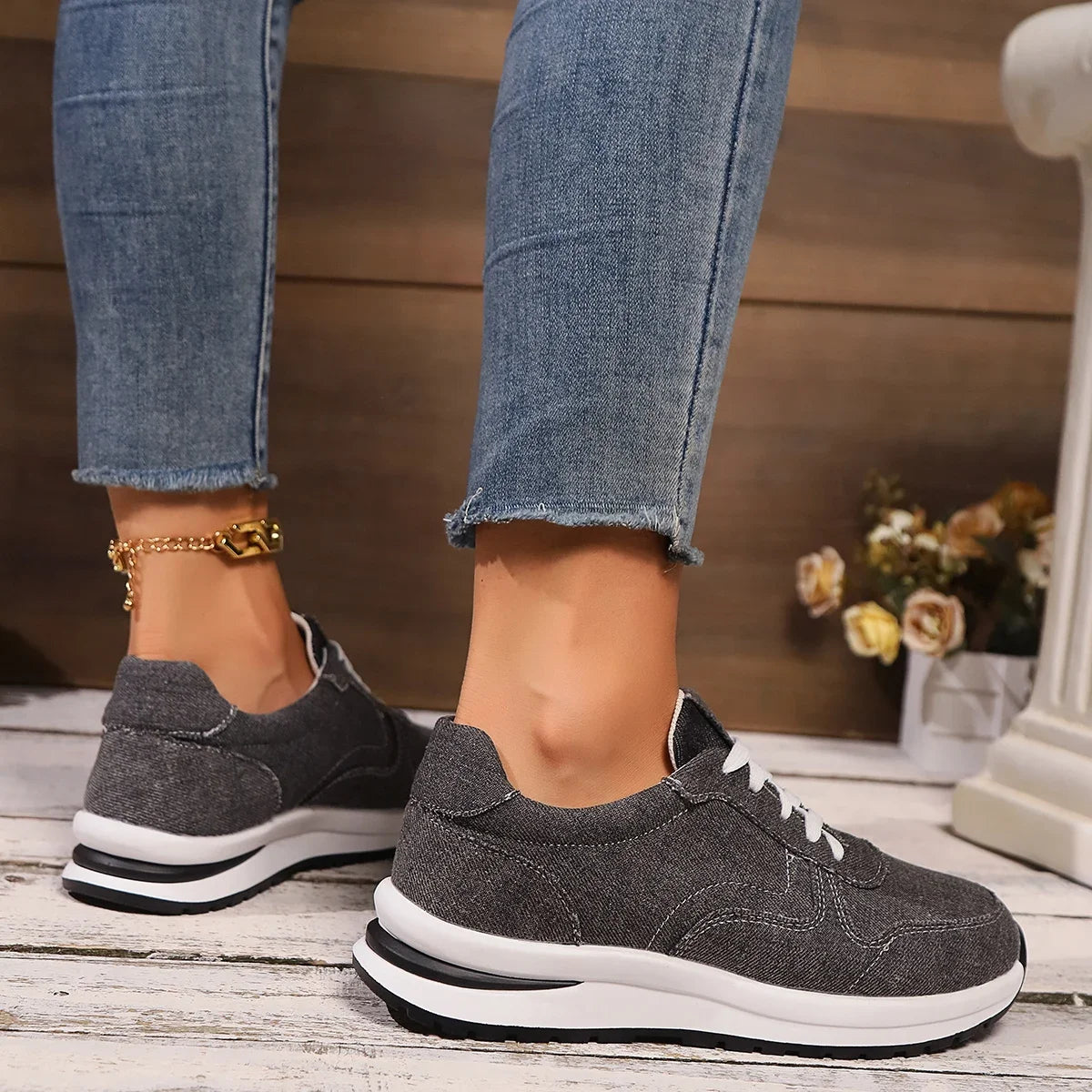 Blaue Denim Damen Plateau-Sneaker – Modische Schnürschuhe mit Dicker Sohle | Bequeme Freizeit-Sneaker in Übergrößen bis 43 Kaufschwan®