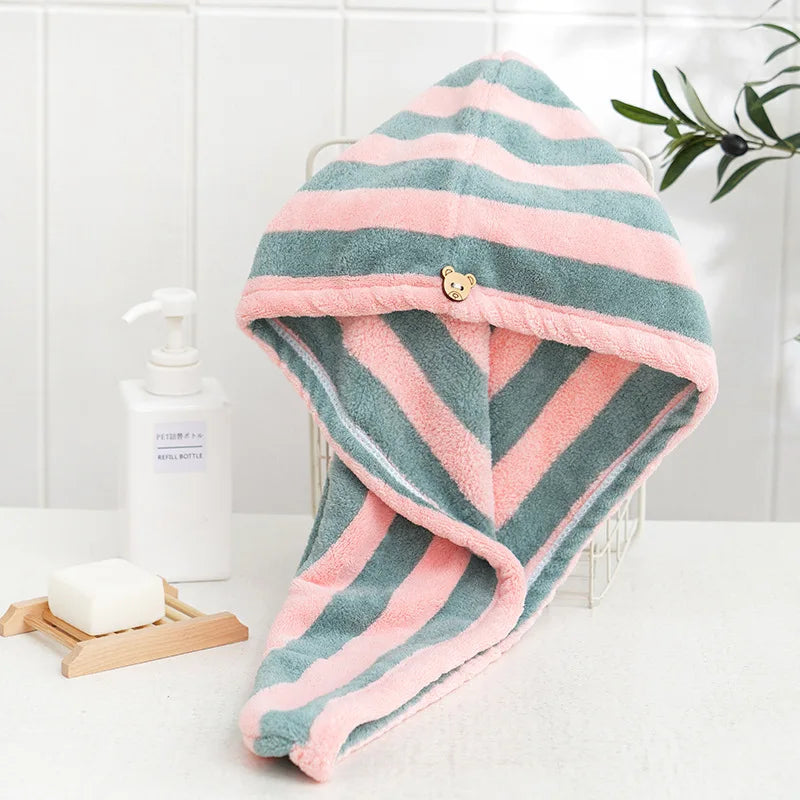 Gestreiftes Mikrofaser-Haartuch – Schnell trocknende Korallenvlies-Haarkappe Kaufschwan® Pink/Grau