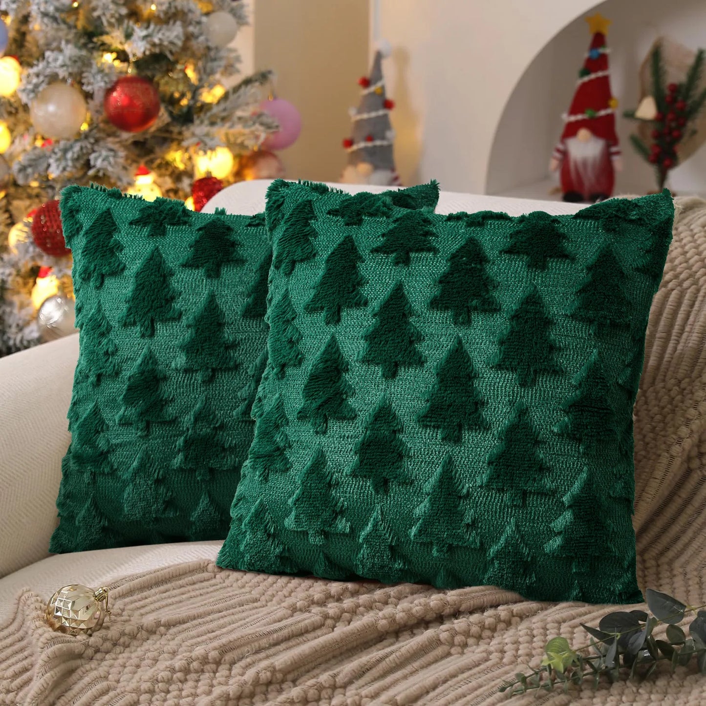 45x45cm Weihnachts Kissenbezug – Gestepptes Plüsch Design | Stern & Tannenbaum Motiv Sofakissen Bezug für Wohnzimmer Deko