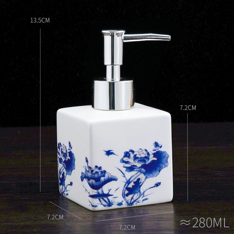 Blau-weiße Keramik-Lotion- und Desinfektionsmittelflasche – Quadratischer Spender für Shampoo, Duschgel & Badezimmer Kaufschwan® B-3
