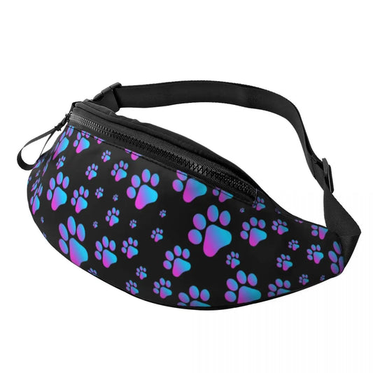 Hundepfoten Muster Gürteltasche – Unisex Crossbody Hüfttasche | Reisetasche für Handy & Geldbörse Damen & Herren Kaufschwan® Schwarz mit blauen Pfoten