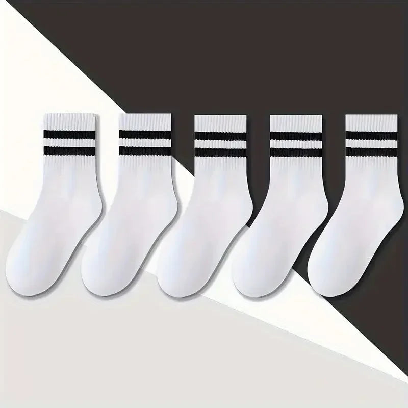 5/10 Paare Damen Gestreifte Kniestrümpfe | Bequeme & Atmungsaktive Mittellange Socken & Strümpfe Kaufschwan® 5 Paare Weiß