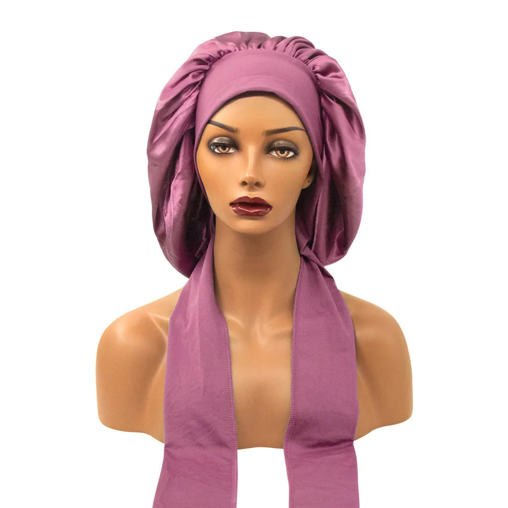Breite Satin-Schlafhaube für Damen – Elastische Nachthaube mit Langem Bindeband für die Haarpflege