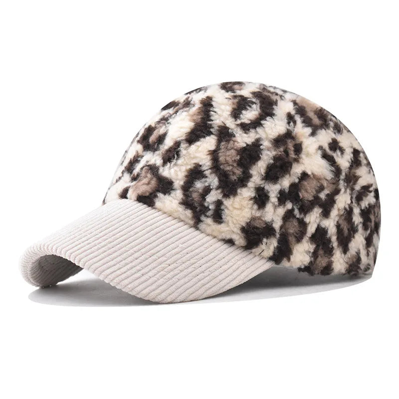 Damen Leopard Print Corduroy Baseballkappe | Modischer Gebogener Schirm Sonnenhut | Verstellbarer Riemen für Sonnenschutz Kaufschwan® Beige Einstellbar
