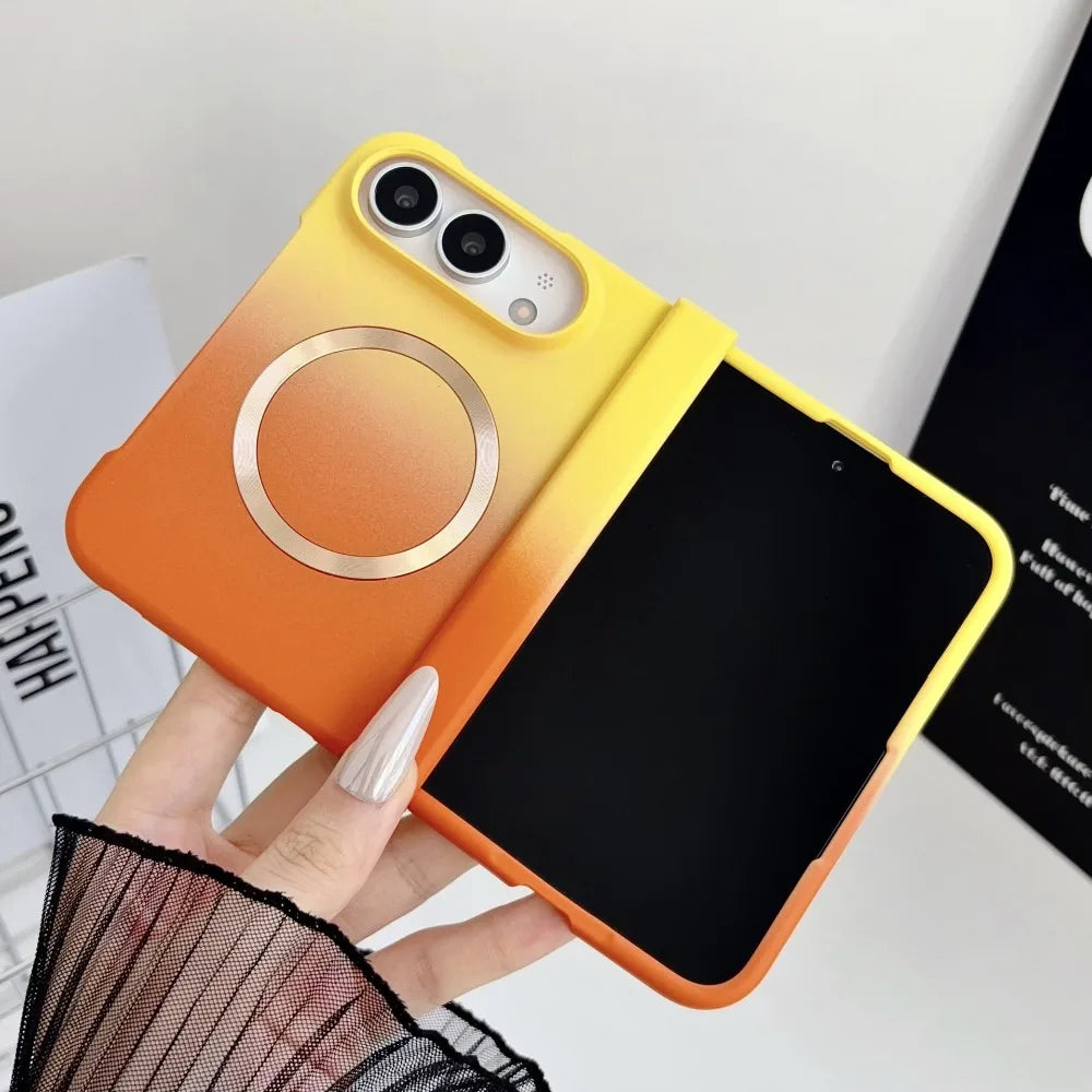 Magnetische Schutzhülle mit Farbverlauf für iPhone Duo Ultra 18 Fold – MagSafe-Kompatible Matte Hart-PC-Hülle mit Scharnierschutz Kaufschwan® Gelborange iPhone Duo