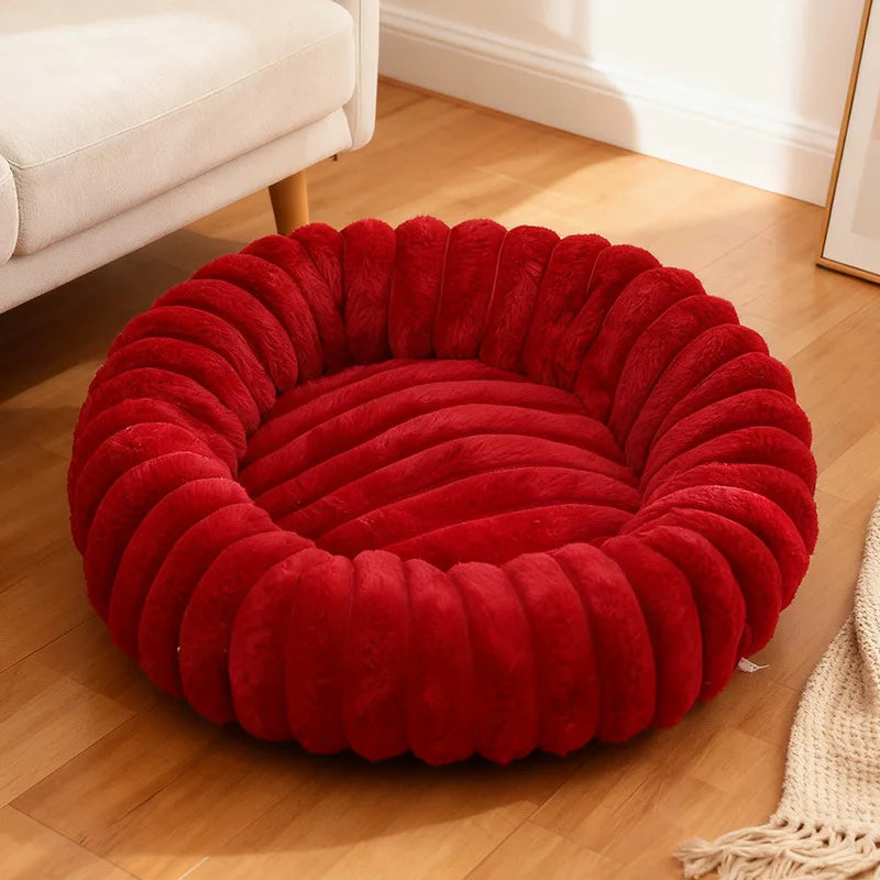 Indoor Hundebett – Cordstoff & Kunstfell Donut Bett mit Anti-Rutsch Boden Kaufschwan® Rot 40cm