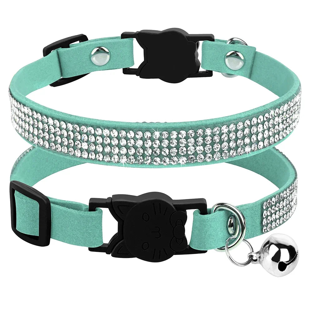 Weiches Rosa Wildleder-Katzenhalsband für Katze – Strasssteine, Glöckchen, Sicherheitsverschluss & Verstellbare Passform Kaufschwan®