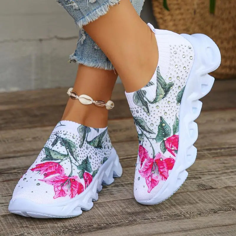 Kristall Blumen Damen Strick-Sneaker – Sommer Atmungsaktive Air Mesh Freizeitschuhe | Leichte Sportschuhe & Walking Flats Kaufschwan®