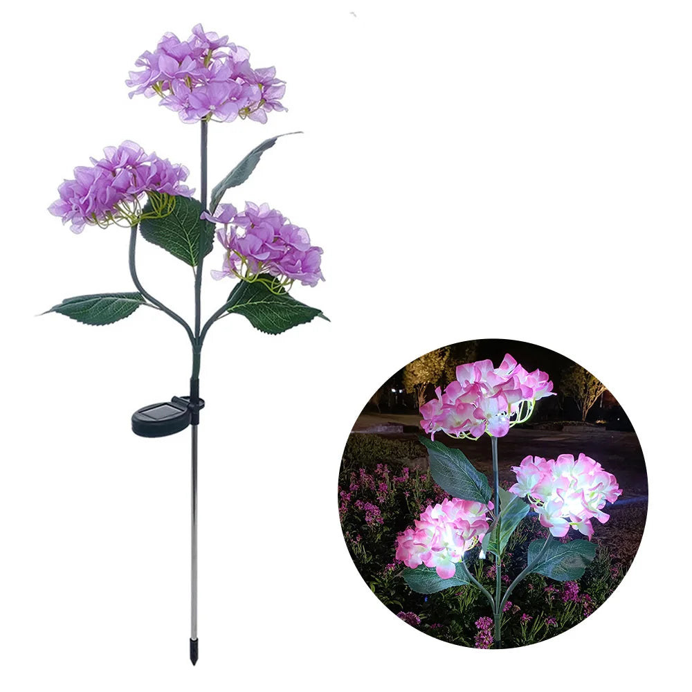 Solar LED 3-Kopf Hortensien-Rosenblumenlampe – Außen Garten, Rasen, Terrasse & Wegdekoration Kaufschwan® Lila