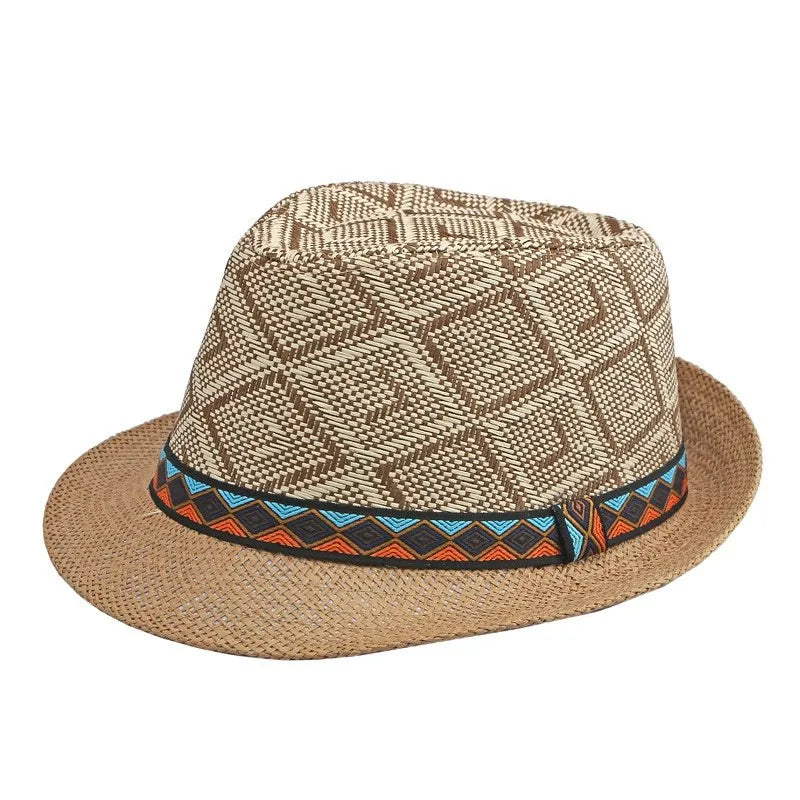 Retro Sonnenhut – Britischer Top Hat Stil, Geometrischer Strohhut mit Gürtel, Unisex Strand & Partner Fedoras