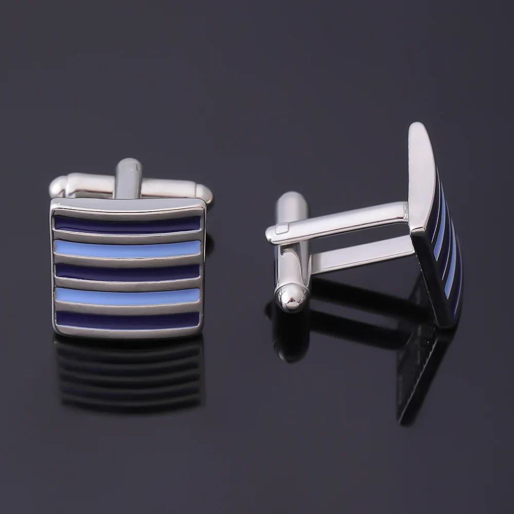 Neo-Gothic Royalblaue Herren Manschettenknöpfe – Hochwertige Französische Legierung | Quadratisches Emaille Streifen-Design für Business & Luxus Kaufschwan®