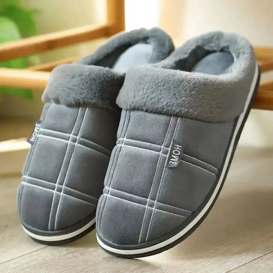 Herren Hausschuhe Kariert mit Memory-Schaum | Warme Plüsch Winter-Schuhe | Rutschfeste Hausschuhe Schwarz | Größe 50–51 Kaufschwan®