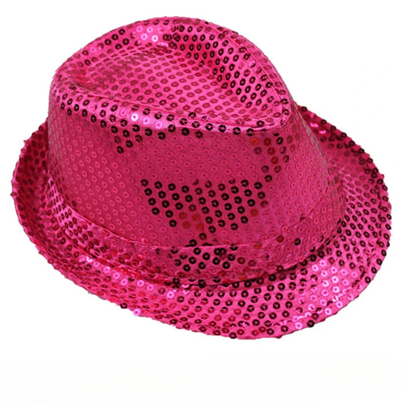 Britischer Top Jazz Hut – Herren & Damen Bühnenhut mit Pailletten, Glänzende Weihnachtsfedora, Party, Eltern-Kind, Halloween Kaufschwan® Erwachsene Rose rot