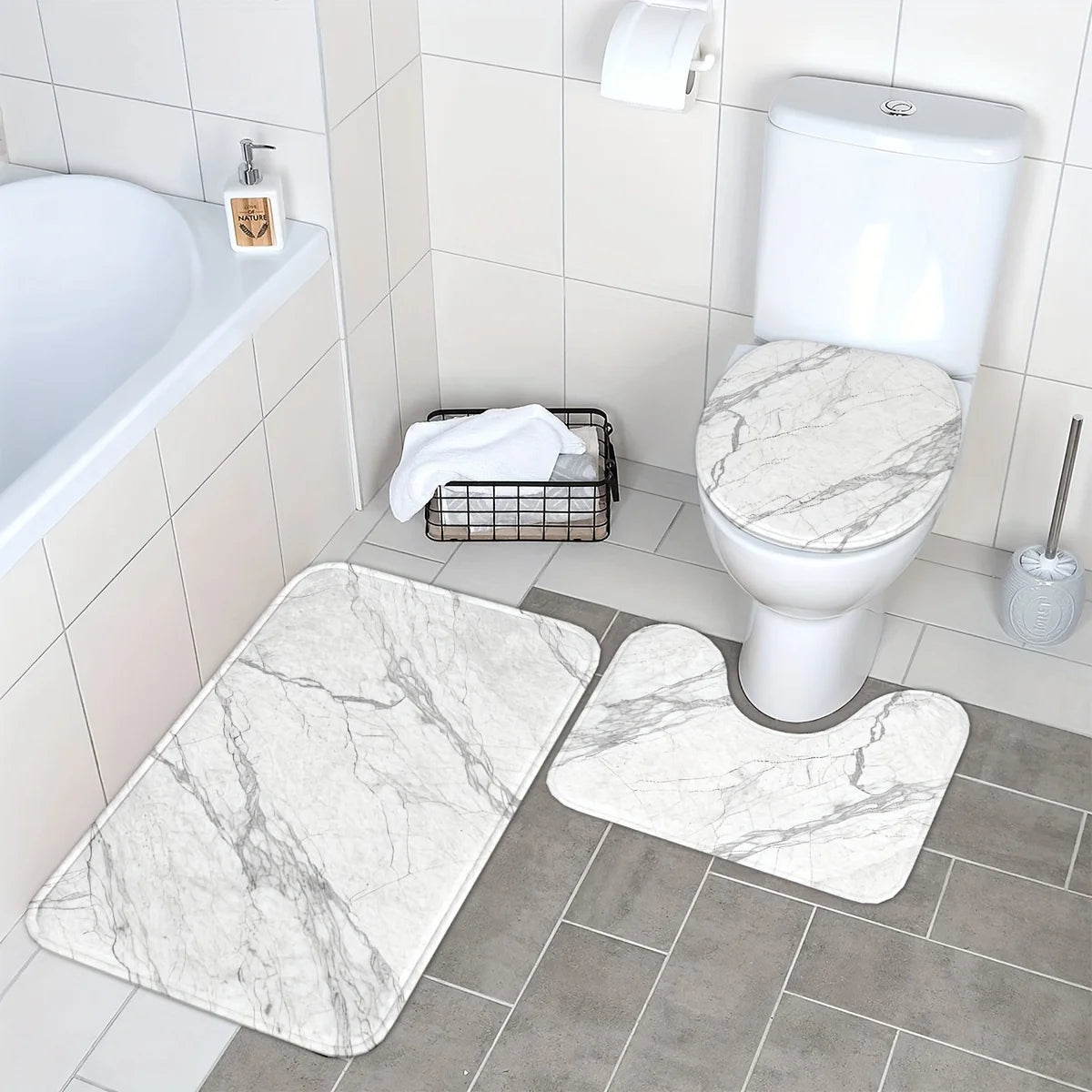 3-teiliges Marmor-Badematten-Set – Rutschfest, Waschmaschinenfest, WC-Deckelbezug & Weihnachtsdeko Kaufschwan®