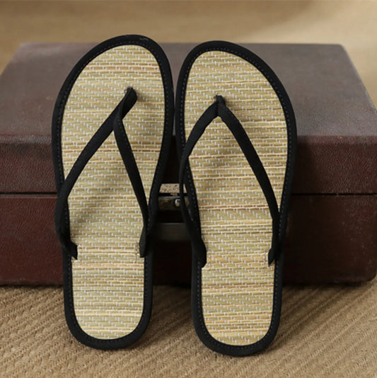 Damen Flache Flip-Flops | Bequeme Rutschfeste Bambus-Rattan Sandalen | Hausschuhe für Bad & Alltag