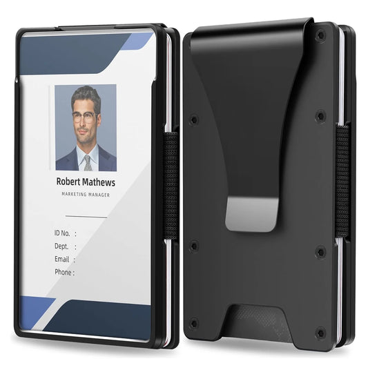 Minimalistische Geldbörse für Herren – Schlanke Aluminium Metall Geldbörse mit Geldklammer & Klarem ID-Fach | Platz für bis zu 15 Karten Kaufschwan® Schwarz