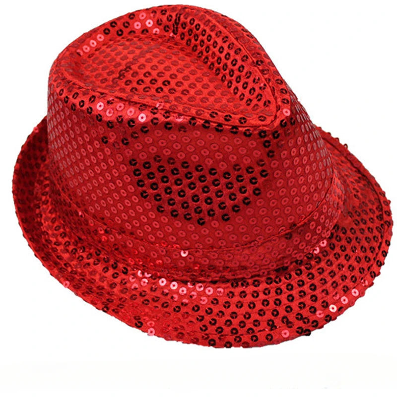 Britischer Top Jazz Hut – Herren & Damen Bühnenhut mit Pailletten, Glänzende Weihnachtsfedora, Party, Eltern-Kind, Halloween Kaufschwan® Erwachsene Rot