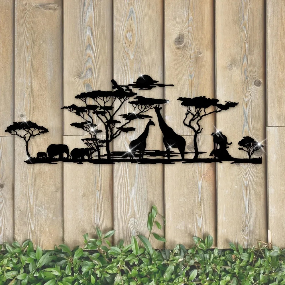 Afrikanische Tier Metall Wanddeko – Elefant, Giraffe, Löwe und Baum Design Kaufschwan®