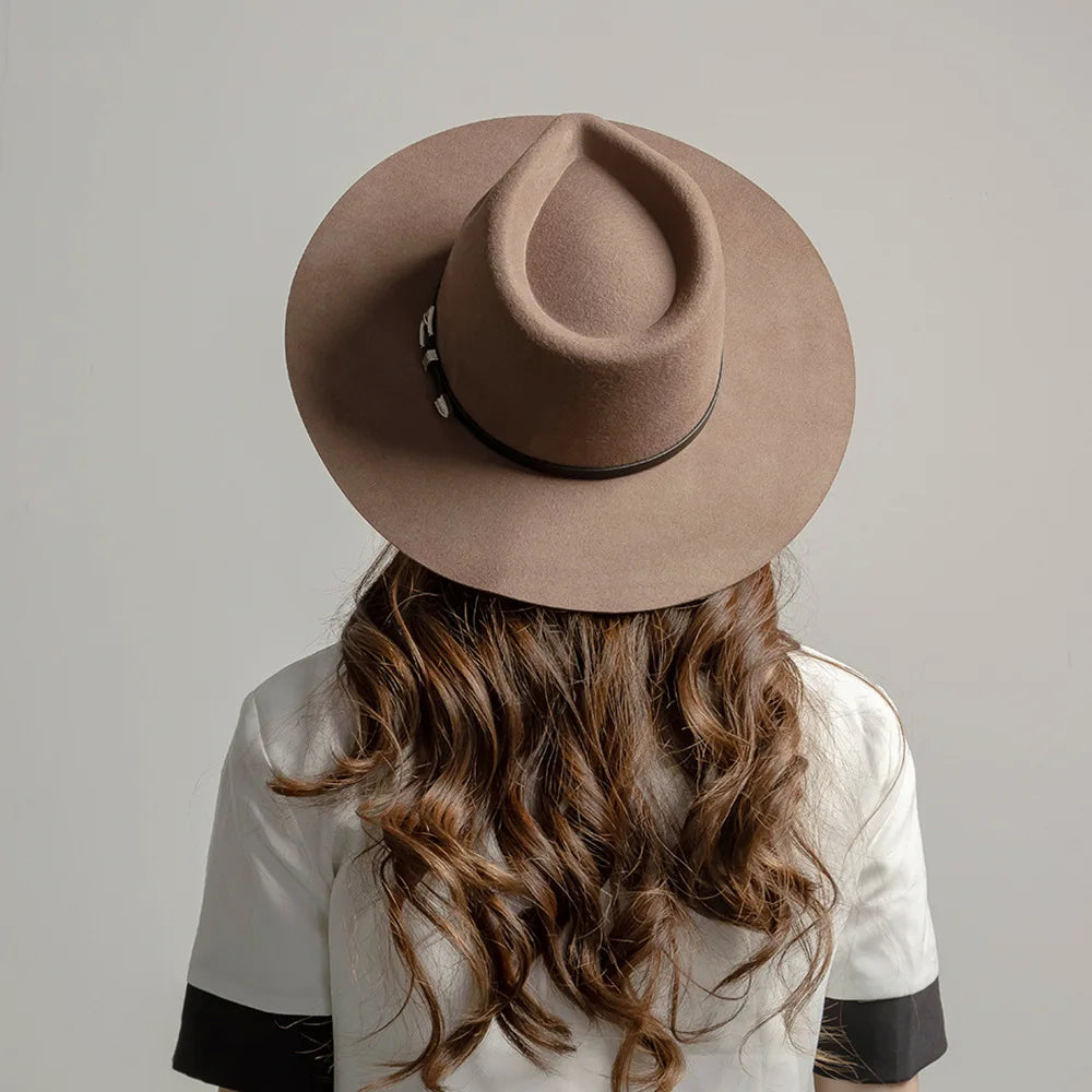 Herbst & Winter Unisex Woll-Fedora Hut – Vintage Jazzhut mit Krone & Schwarzem Lederband, Stylischer Hut mit Breiter Krempe Kaufschwan®