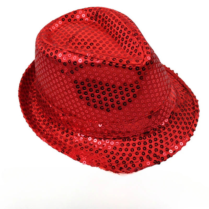 Britischer Top Jazz Hut – Herren & Damen Bühnenhut mit Pailletten, Glänzende Weihnachtsfedora, Party, Eltern-Kind, Halloween Kaufschwan® Kinder rot