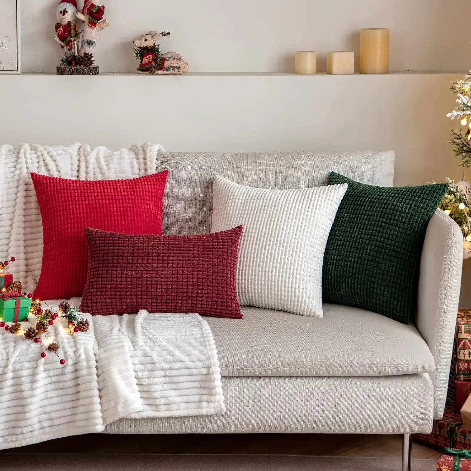 Rote Kissenbezüge | Dekorative Cord-Kissenhüllen | Weihnachts-Deko für Zuhause Kaufschwan®