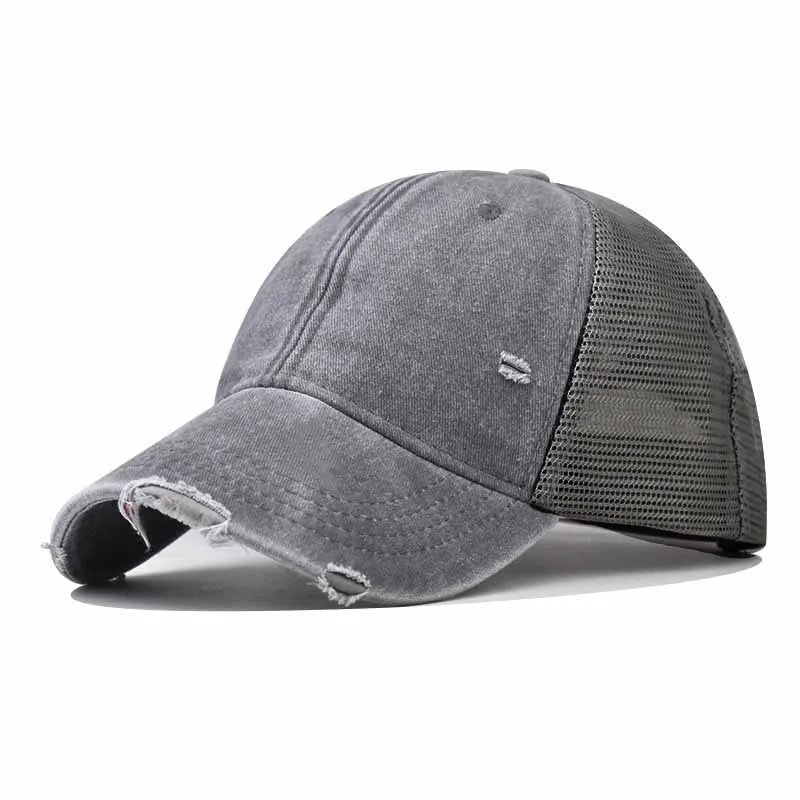 Washed Cotton Mesh Baseballkappe | Vintage Ripped Leichte Kappe für Herren & Damen | Atmungsaktive Frühlings- & Sommermode Kaufschwan® Grau
