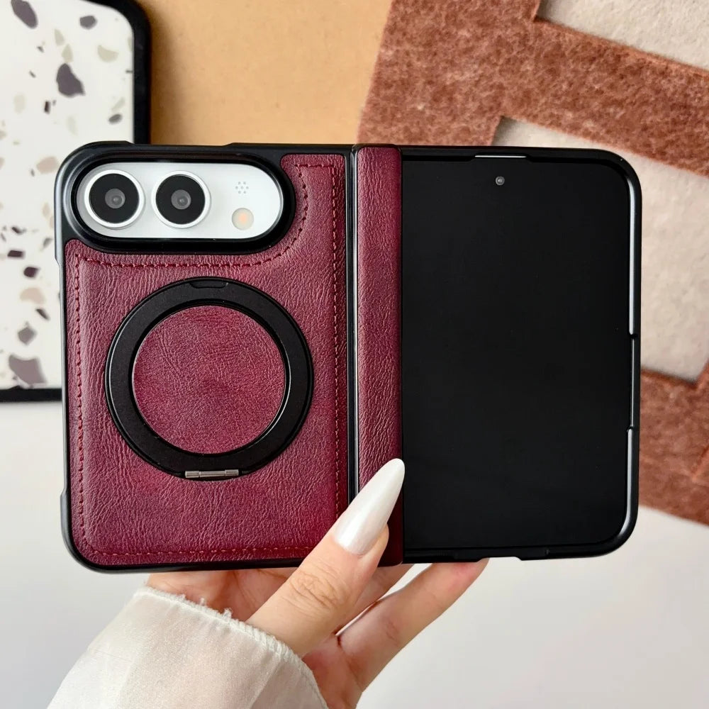 Luxuriöse Retro-Schutzhülle in Lederoptik für iPhone Duo – Magnetische MagSafe-Kompatible Hülle mit Drehbarem Ständer und Stoßschutz