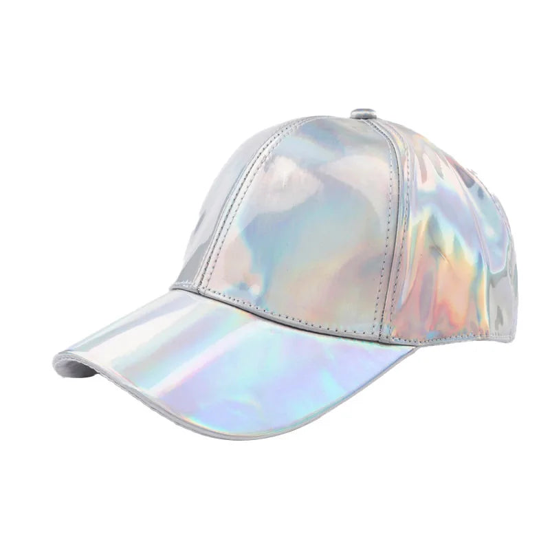 Unisex PU Rainbow Farbwechsel Baseballkappe | Fashion Erwachsenen Laser Hip Hop Kappe | Outdoor Freizeit Snapback Glänzende Party Kappe Kaufschwan® Silber