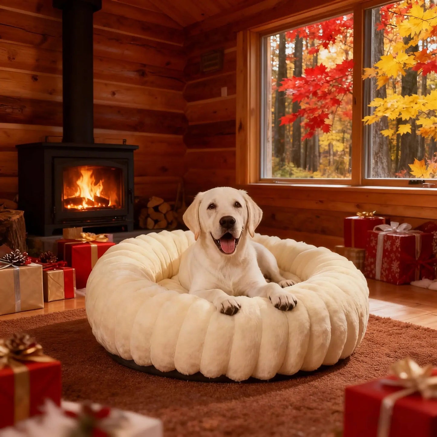 Indoor Hundebett – Cordstoff & Kunstfell Donut Bett mit Anti-Rutsch Boden Kaufschwan®