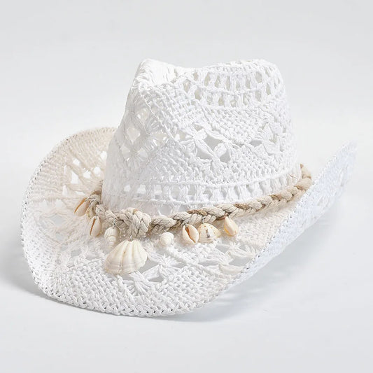 Sommer Strohhut für Damen – Handgewebter Sonnenhut mit Muschel-Dekoration, Panama Strandhut Kaufschwan®