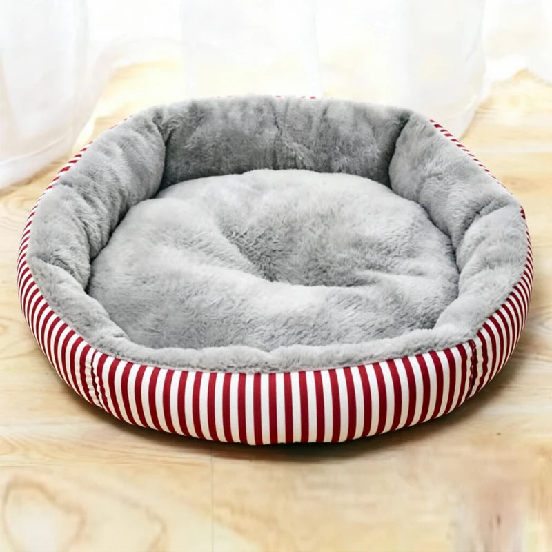 Rundes Plüsch-Katzenbett für Katze – Warme Weiche Schlafmatte & Kuscheliges Katzennest Kaufschwan® Rosa Streifen S--35Cm