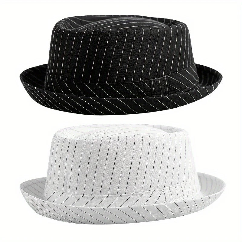 Klassischer gestreifter Fedora Hut – Kurzkrempiger Woll-Jazzhut für Damen & Herren, Schwarz-Weiß Streifen, Freizeit & Formal Kaufschwan®