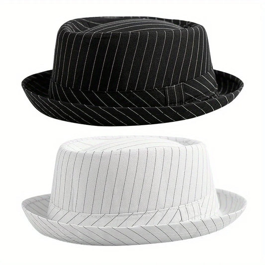 Klassischer gestreifter Fedora Hut – Kurzkrempiger Woll-Jazzhut für Damen & Herren, Schwarz-Weiß Streifen, Freizeit & Formal Kaufschwan®