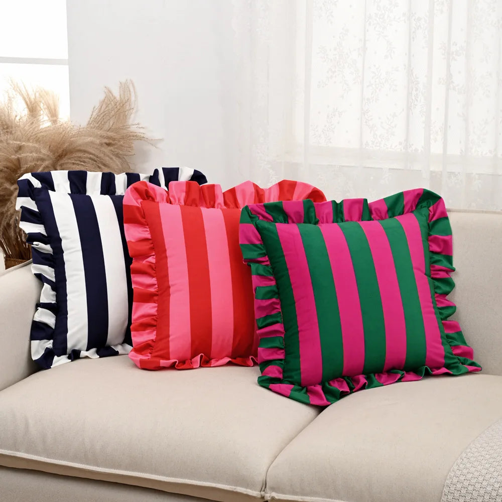 Gestreiftes Samtkissen mit Lotusblatt-Rüsche | Prinzessin Gestreiftes Quadratisches Kissen für Sofa & Stuhl | Wohnraum-Deko 45x45cm Kaufschwan®