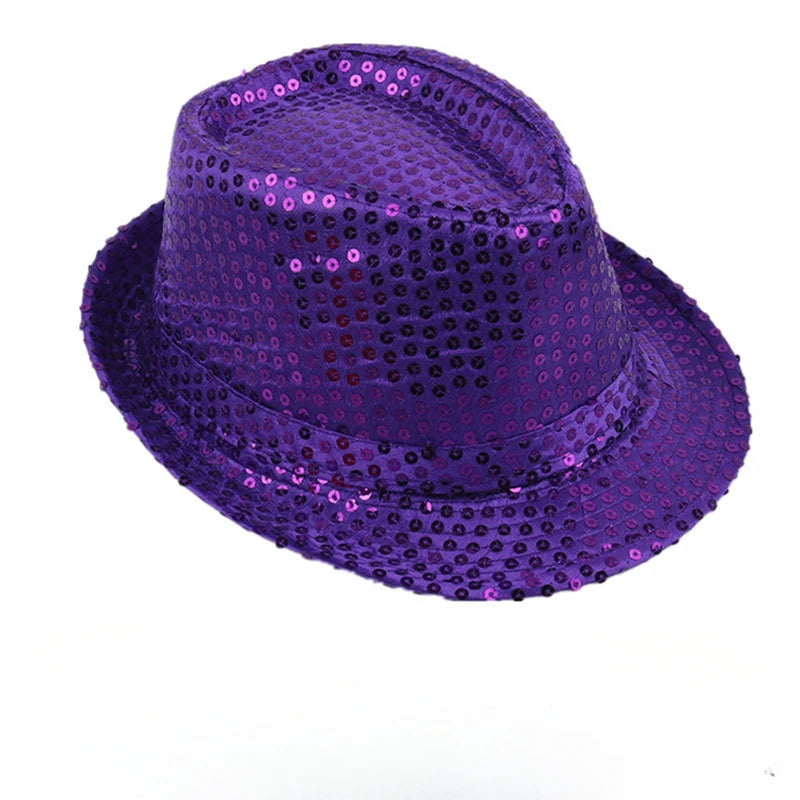 Britischer Top Jazz Hut – Herren & Damen Bühnenhut mit Pailletten, Glänzende Weihnachtsfedora, Party, Eltern-Kind, Halloween Kaufschwan® Kinder lila