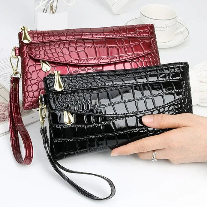 Damen Langbörse aus Leder – Doppelreißverschluss Clutch Tasche | Elegante Krokodil Muster Geldbörse in Rot Kaufschwan®