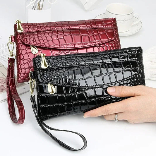 Damen Langbörse aus Leder – Doppelreißverschluss Clutch Tasche | Elegante Krokodil Muster Geldbörse in Rot Kaufschwan®