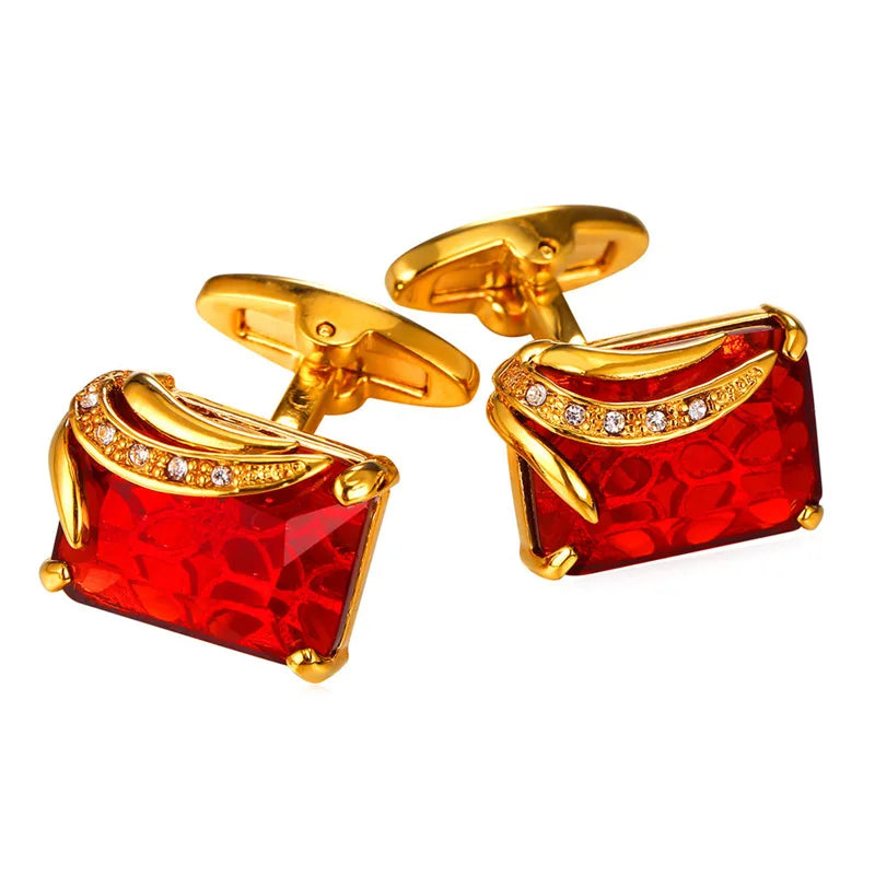 Rechteckige Herren Manschettenknöpfe mit Kristallstein – Rot, Blau & Schwarz | 14×19mm Österreichischer Kristall Luxus Schmuck Geschenk Kaufschwan® Rot-Gold