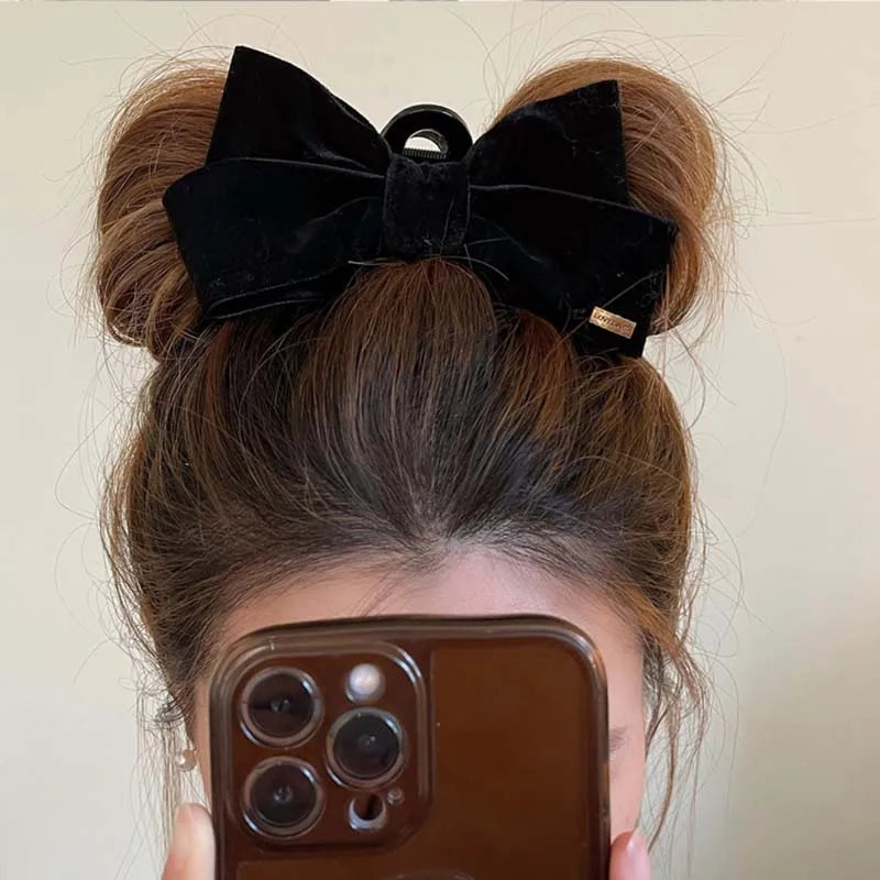 Haarspangen mit samtiger Textur und doppelseitiger Schleife – Schwarze Haarklammer für Damen Kaufschwan®
