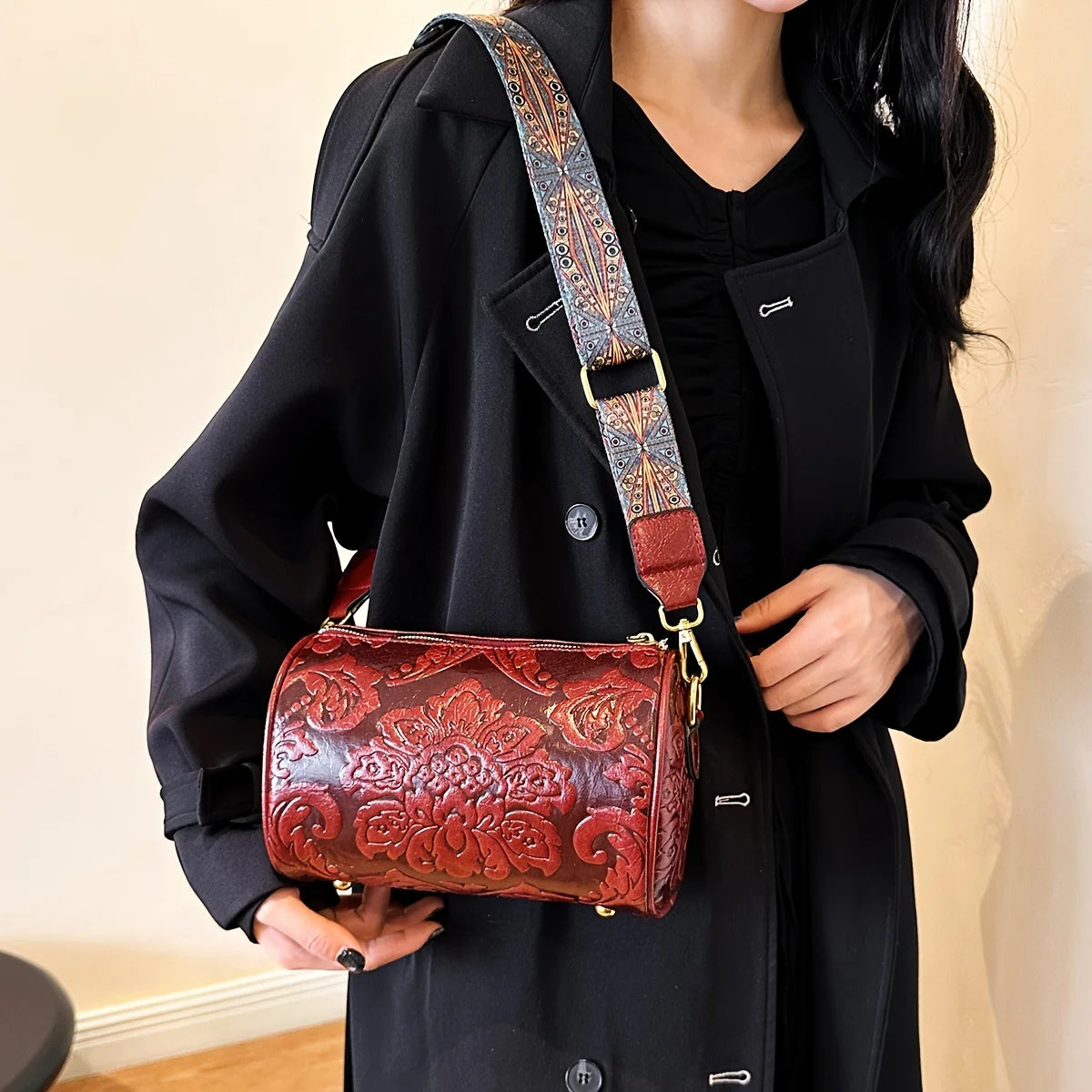Retro Bestickte Blumen Leder Schultertasche – Klassische Zylinder Crossbody Handtasche für Damen | Alltag, Arbeit & Party Kaufschwan® Rot