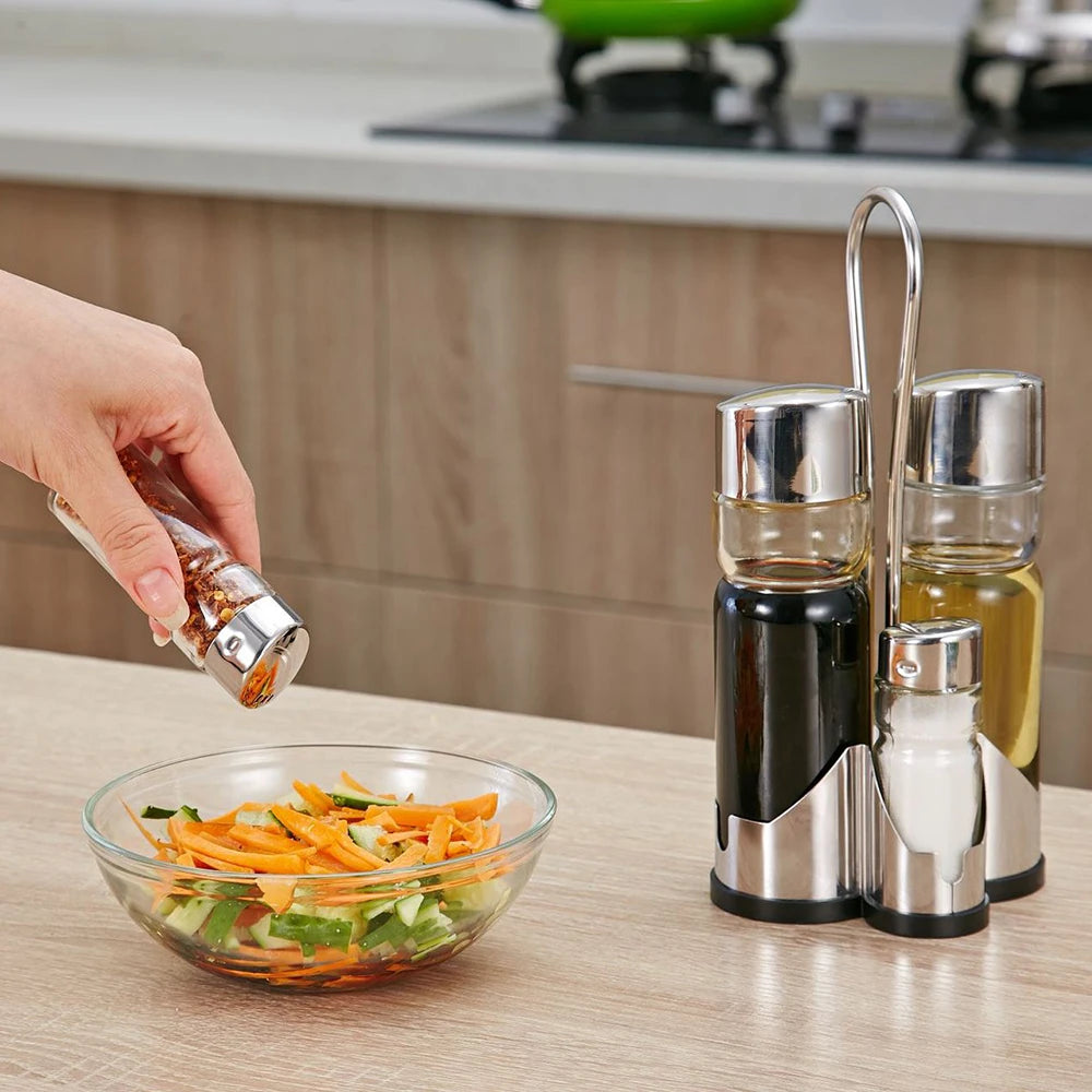 4-in-1 Gewürzflaschen Set mit Halter – Öl- & Essigspender, Salz- & Pfefferstreuer | Glas Cruet Set mit Ständer Kaufschwan®